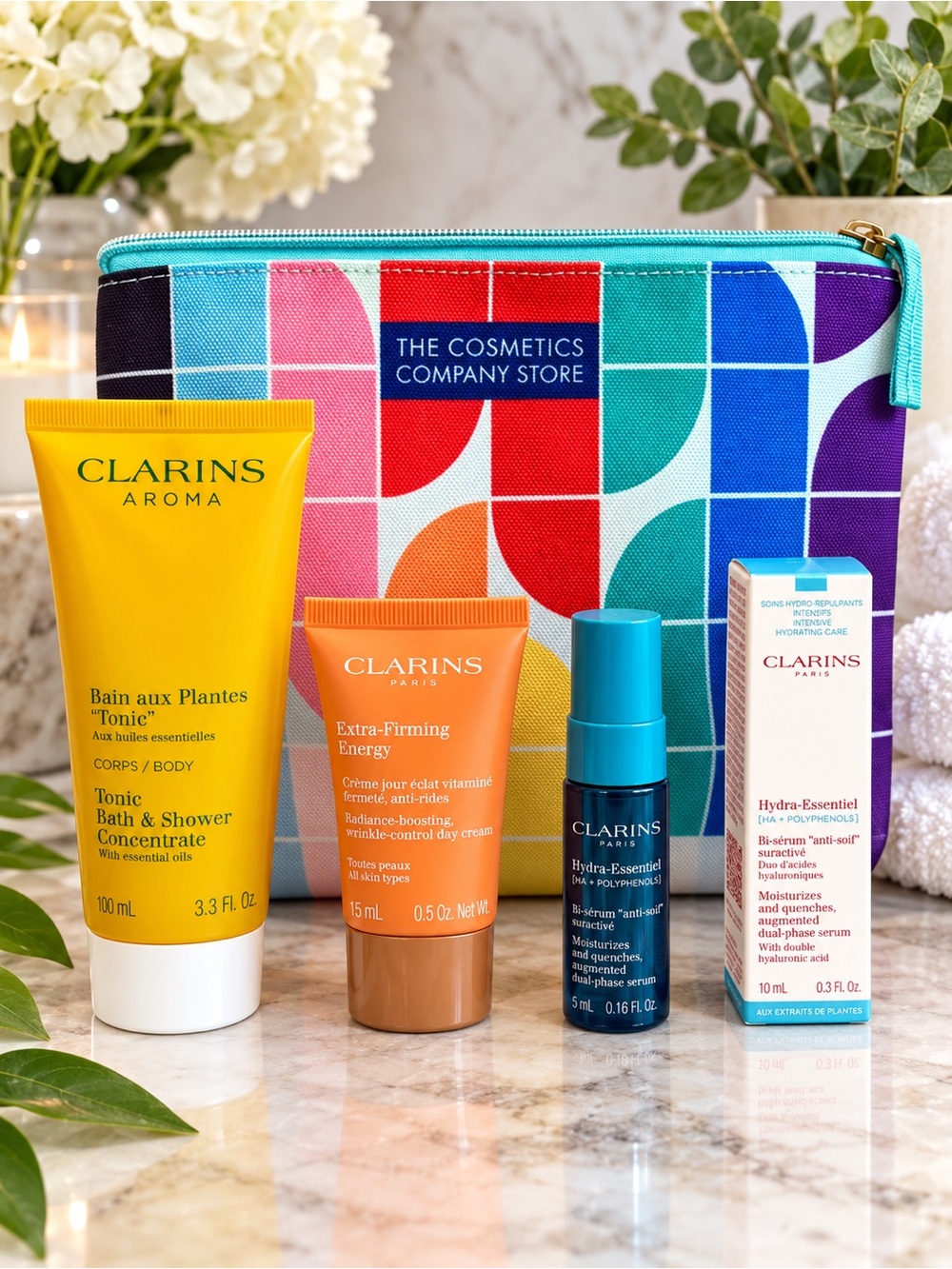 Clarins Beauty Gift Set + Cosmetic Bag | Skincare & Body Bundle